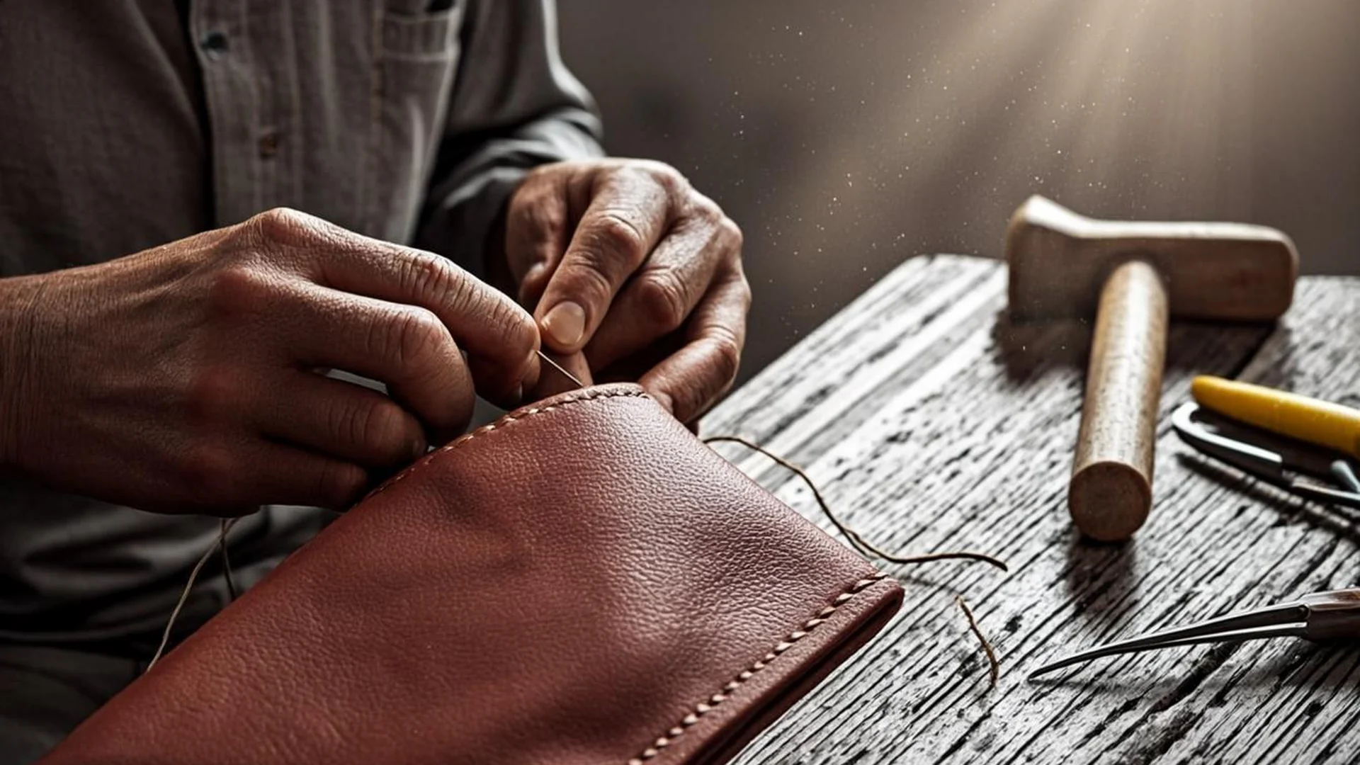 Hands at the saddle stitch in the EDDE LEITHR STYLE atelier