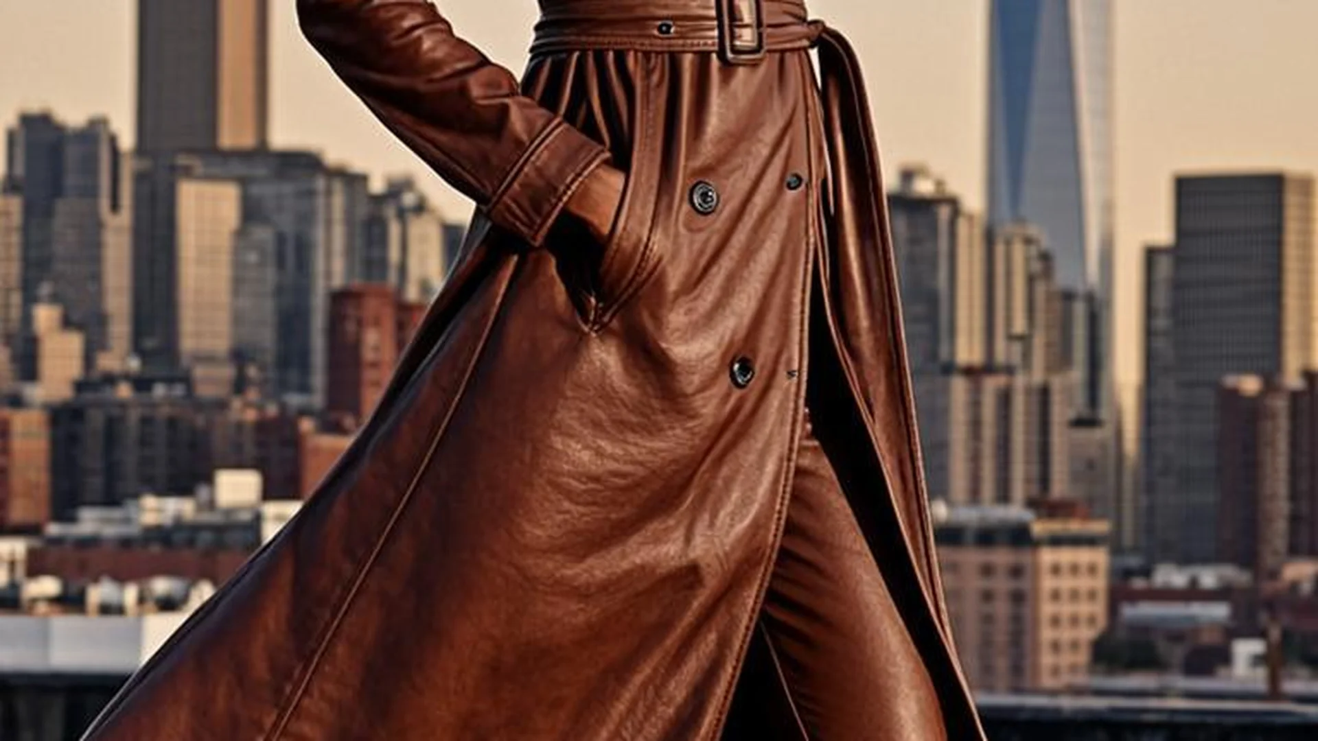 Editorial — model in cognac leather trench on Brooklyn rooftops